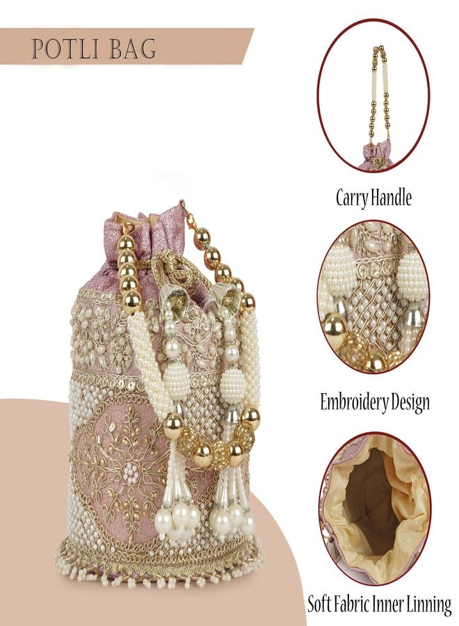 Nevis Silk Fabric Luxury Pearl Embroidered Potli Bag for Women | Bridal Ethnic Drawstring Clutch with Beaded Handle Wedding - Image 2