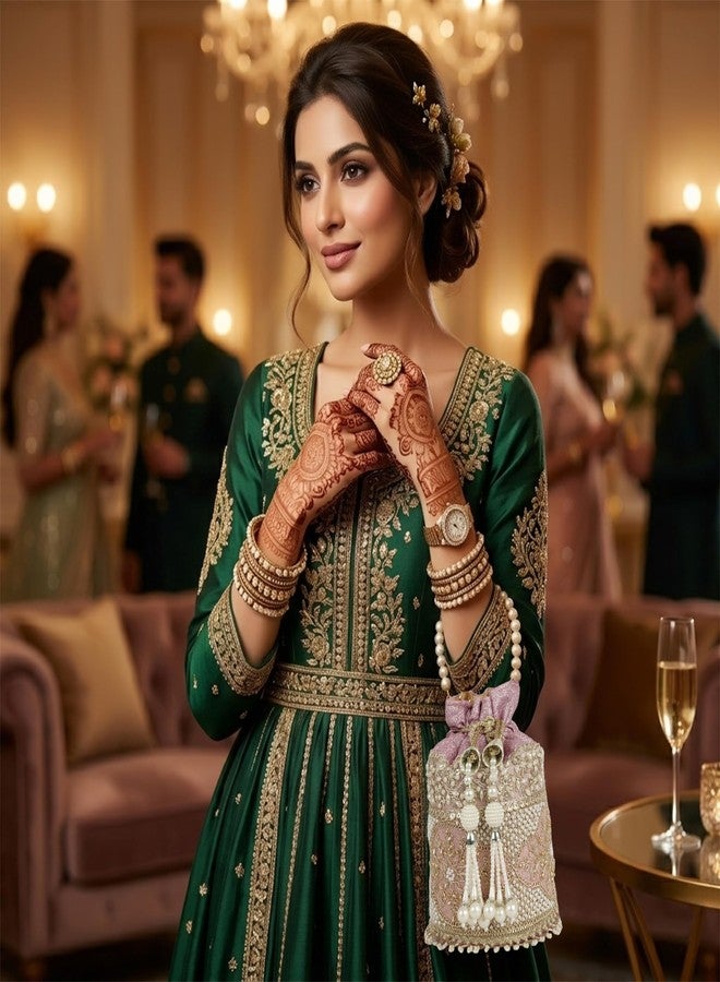 Nevis Silk Fabric Luxury Pearl Embroidered Potli Bag for Women | Bridal Ethnic Drawstring Clutch with Beaded Handle Wedding - Image 3