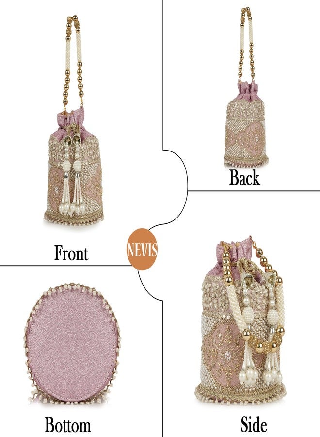 Nevis Silk Fabric Luxury Pearl Embroidered Potli Bag for Women | Bridal Ethnic Drawstring Clutch with Beaded Handle Wedding - Image 4