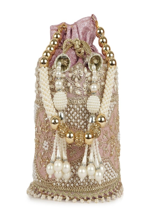 Nevis Silk Fabric Luxury Pearl Embroidered Potli Bag for Women | Bridal Ethnic Drawstring Clutch with Beaded Handle Wedding - Image 1