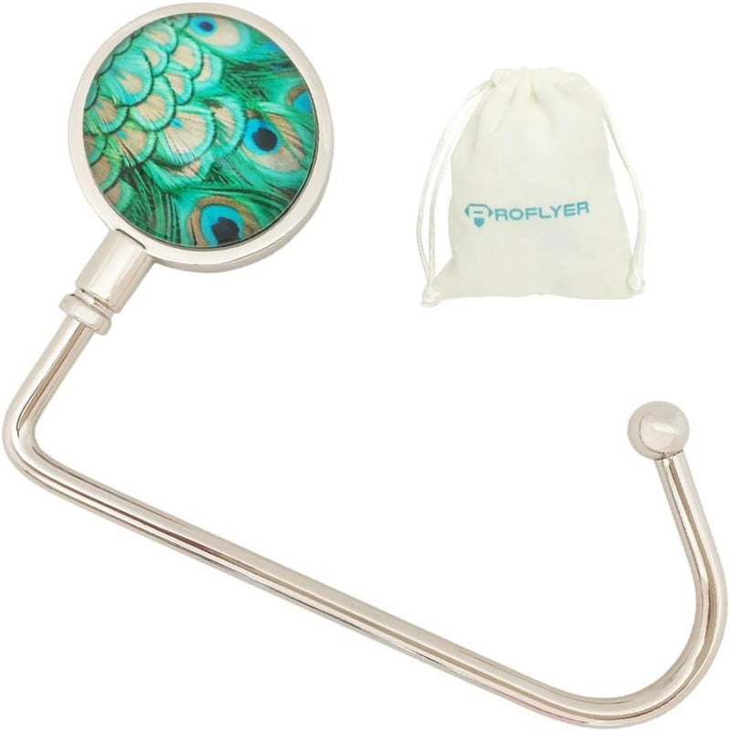 ROFLYER Purse Hook Hanger for Table Bar Handbag Hanger Safer Cleaner Bag Table Hanger with Velvet Pouch (Peacock Feather) - Image 1