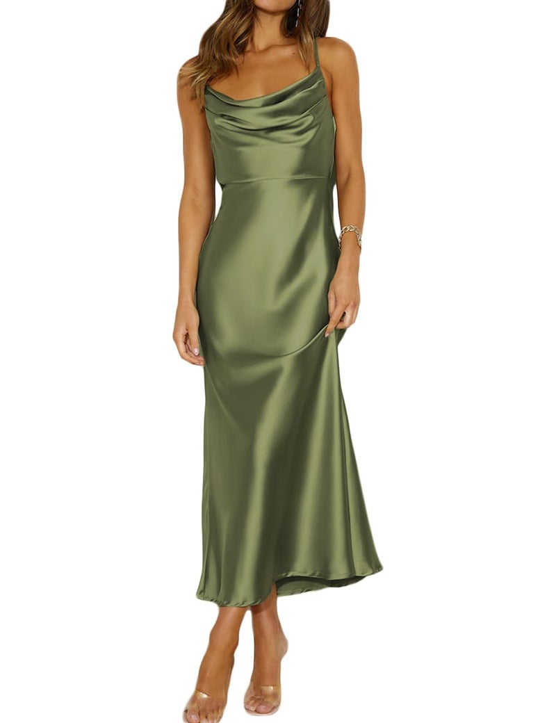 Mogidol Summer Satin Spaghetti Strap Cowl Neck Backless Midi Dresses for Women Elegant Tie Low Back Ruched Cocktail Dress Olive - Image 1