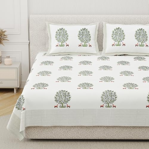 DE CAMA Since 1997 | 100% Cotton 300 TC Premium Super King Size Bedsheet for Double Bed (108 x 108 Inch) with 2 Pillow Covers Set (17 x 27 Inch) Hand Block Printed Bedsheet Set - Green/White - Image 1