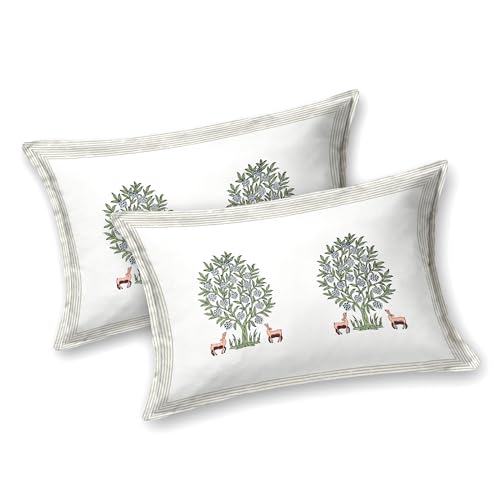 DE CAMA Since 1997 | 100% Cotton 300 TC Premium Super King Size Bedsheet for Double Bed (108 x 108 Inch) with 2 Pillow Covers Set (17 x 27 Inch) Hand Block Printed Bedsheet Set - Green/White - Image 4