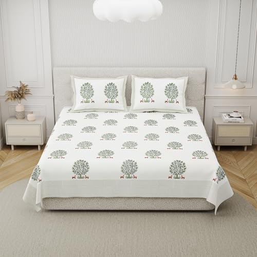 DE CAMA Since 1997 | 100% Cotton 300 TC Premium Super King Size Bedsheet for Double Bed (108 x 108 Inch) with 2 Pillow Covers Set (17 x 27 Inch) Hand Block Printed Bedsheet Set - Green/White - Image 3