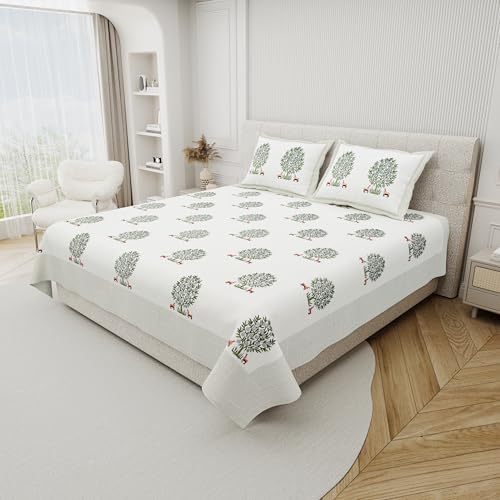 DE CAMA Since 1997 | 100% Cotton 300 TC Premium Super King Size Bedsheet for Double Bed (108 x 108 Inch) with 2 Pillow Covers Set (17 x 27 Inch) Hand Block Printed Bedsheet Set - Green/White - Image 2