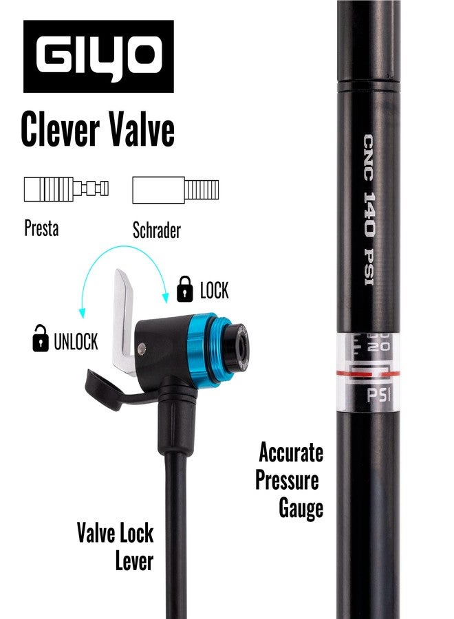 GIYO GM741 High Precision Bike Pump with Gauge - Portable Floor Pump, Durable & Lightweight for Mountain & Road Bikes, 140 PSI, Universal Valve Compatibility - Image 4