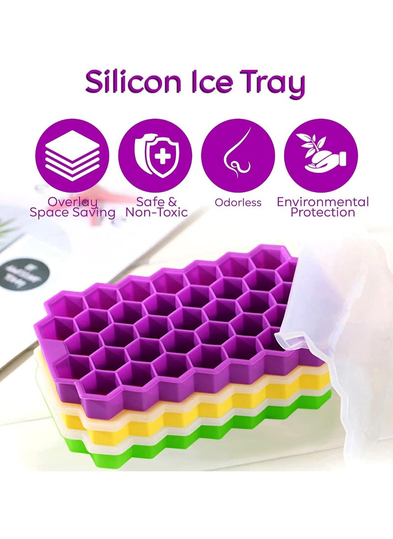 Beauenty - Honeycomb Reusable Ice Cubes Tray, Bundle (Pack of 3 - Yellow, Green and Purple), Silicone Small Ice Cube Tray with Cover, Honeycomb Ice Ball Mold, Honeycomb Mold for Ice Making - Image 1