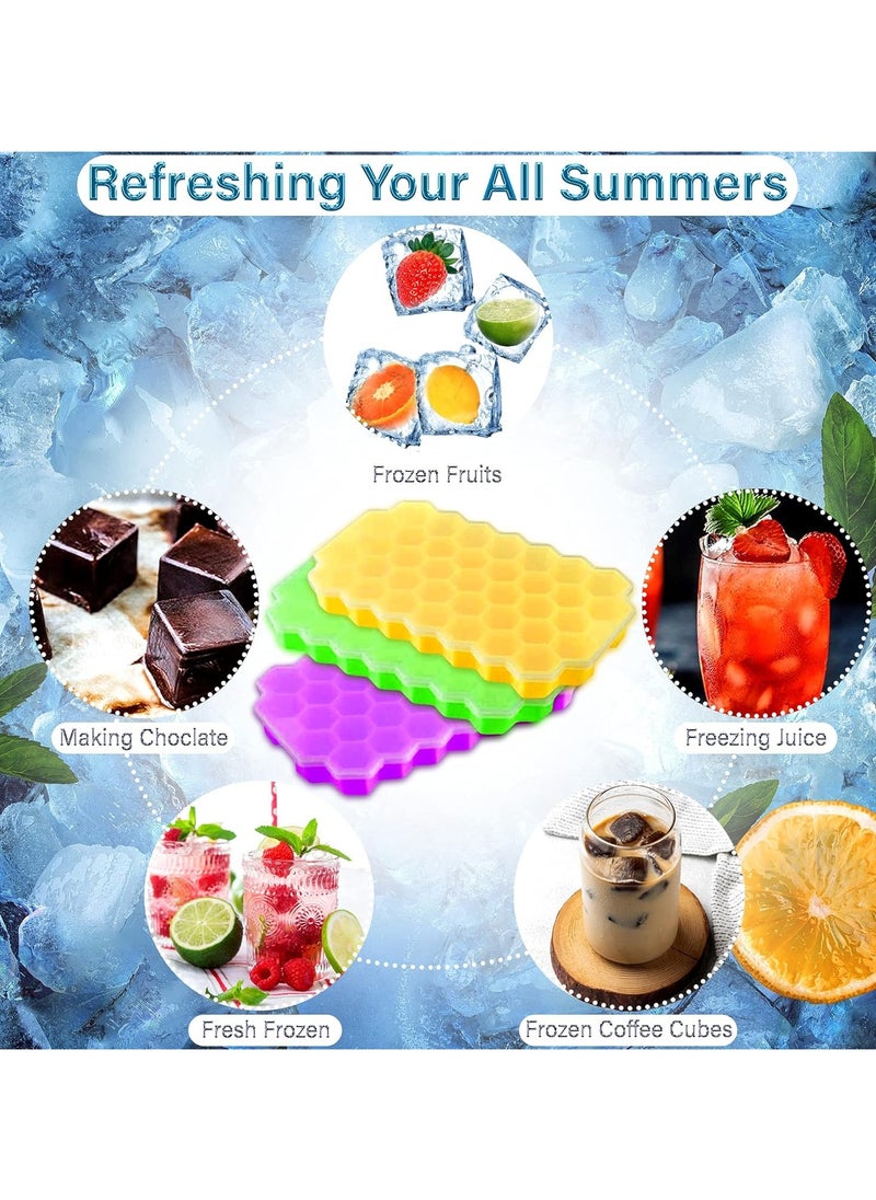 Beauenty - Honeycomb Reusable Ice Cubes Tray, Bundle (Pack of 3 - Yellow, Green and Purple), Silicone Small Ice Cube Tray with Cover, Honeycomb Ice Ball Mold, Honeycomb Mold for Ice Making - Image 1
