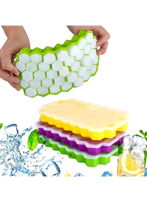 Honeycomb Reusable Ice Cubes Tray, Bundle (Pack of 3 - Yellow, Green and Purple), Silicone Small Ice Cube Tray with Cover, Honeycomb Ice Ball Mold, Honeycomb Mold for Ice Making