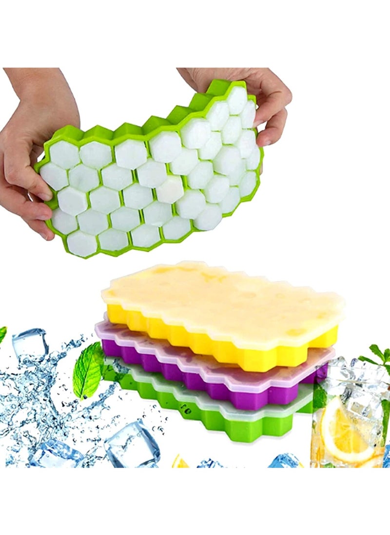 Beauenty - Honeycomb Reusable Ice Cubes Tray, Bundle (Pack of 3 - Yellow, Green and Purple), Silicone Small Ice Cube Tray with Cover, Honeycomb Ice Ball Mold, Honeycomb Mold for Ice Making - Image 1