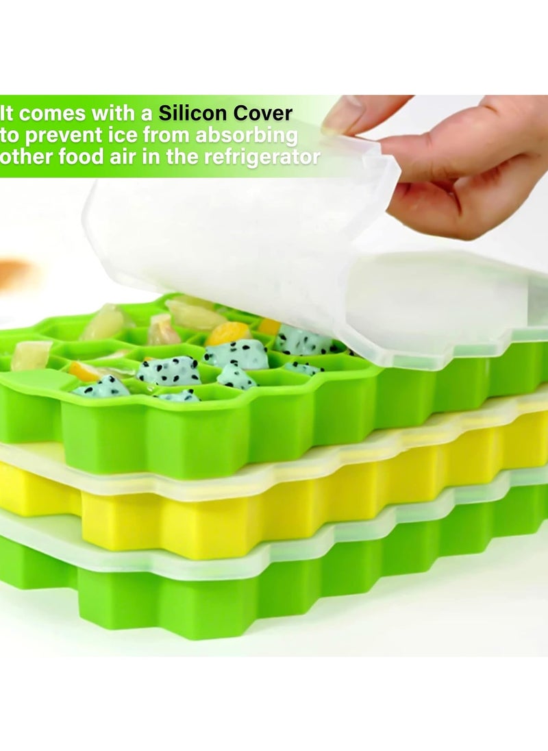 Beauenty - Honeycomb Reusable Ice Cubes Tray, Bundle (Pack of 3 - Yellow, Green and Purple), Silicone Small Ice Cube Tray with Cover, Honeycomb Ice Ball Mold, Honeycomb Mold for Ice Making - Image 1