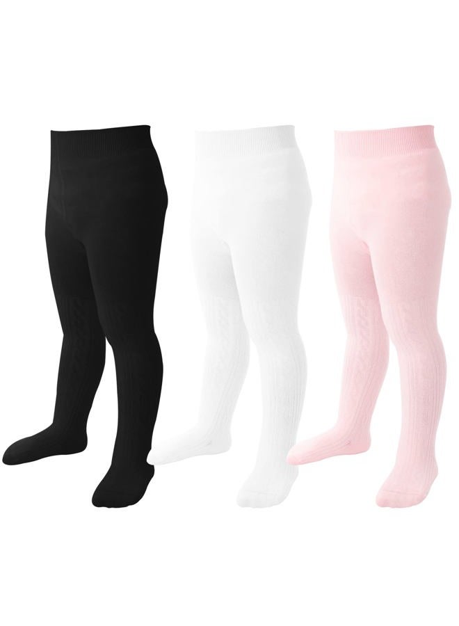 Mini Angel Baby Tights Toddler Girl Cable Knit Leggings Soft Cotton Stockings Pantyhose 3pack (Black, White, Pink, 12-24 Month) - Image 1