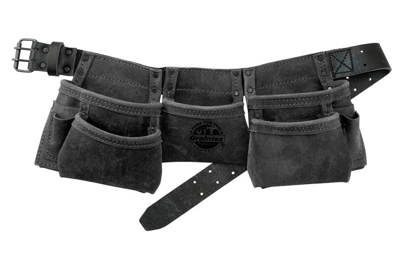 Graintex DS2248 :: 9 Pocket Children Tool Belt Black Color Suede Leather, Kids Real Tool Belt, Boys and Girls Tool Apron for Home Improvement, 1.1/2" Leather Belt, Hammer Loops - Image 1