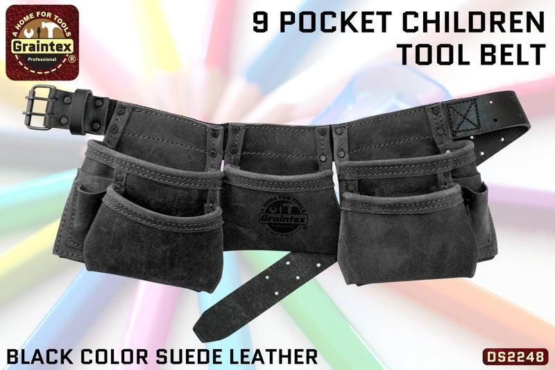 Graintex DS2248 :: 9 Pocket Children Tool Belt Black Color Suede Leather, Kids Real Tool Belt, Boys and Girls Tool Apron for Home Improvement, 1.1/2" Leather Belt, Hammer Loops - Image 2