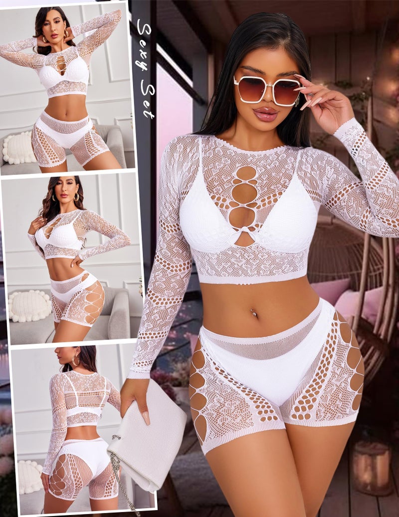 GirlFriend Lingerie for Women Lovely Deep V Neck Teddy Babydoll Mesh Nightwear for Women Mesh Badydoll Fishnets Dresses See Through Lingerie Chemise Outfits One Piece Cut White - Image 3