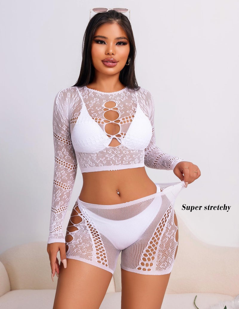 GirlFriend Lingerie for Women Lovely Deep V Neck Teddy Babydoll Mesh Nightwear for Women Mesh Badydoll Fishnets Dresses See Through Lingerie Chemise Outfits One Piece Cut White - Image 2