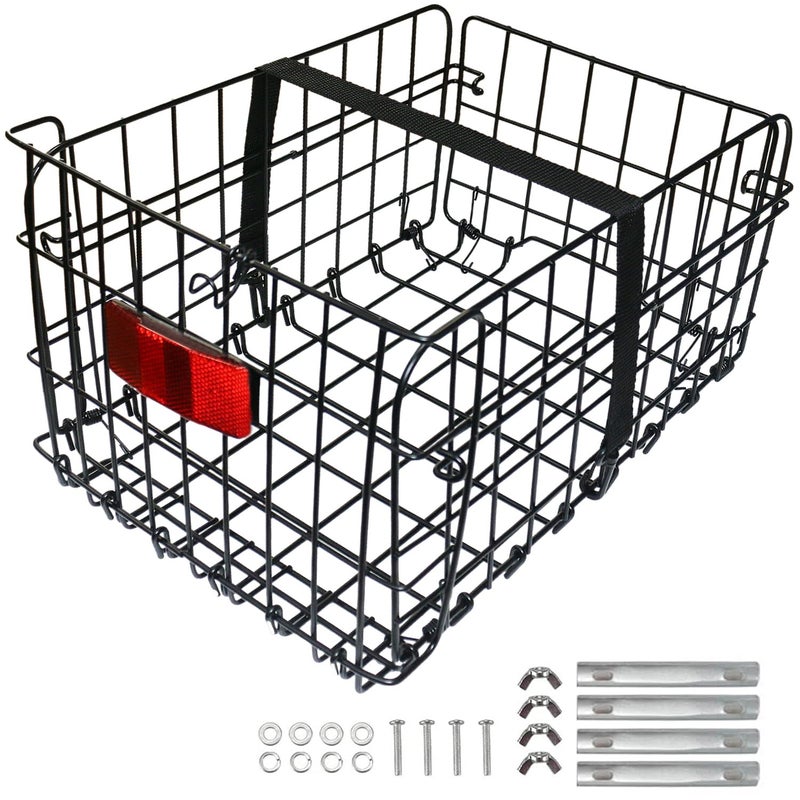Huntoshon Folding Rear Bike Basket, Huntoshon Quickly Release Metal Bicycle Rack Cargo Basket with Strap & Reflective Tail Light for Most Mounted Bike Rack - Image 1
