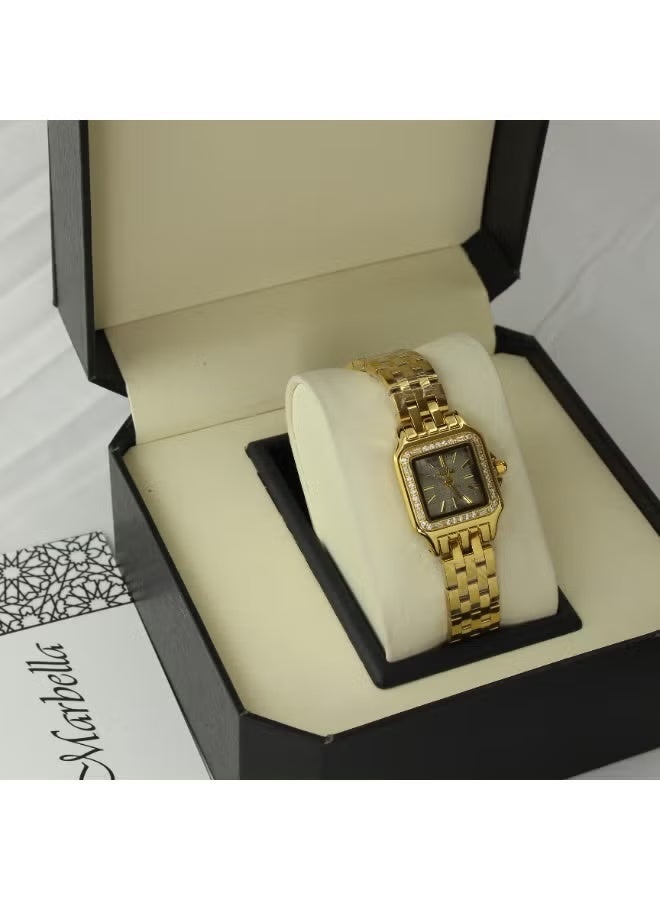 Women's steel wristwatch in a Cartier style, adorned with zircon stones, water-resistant, modern, and high-quality, with a gold bracelet and gray dial.