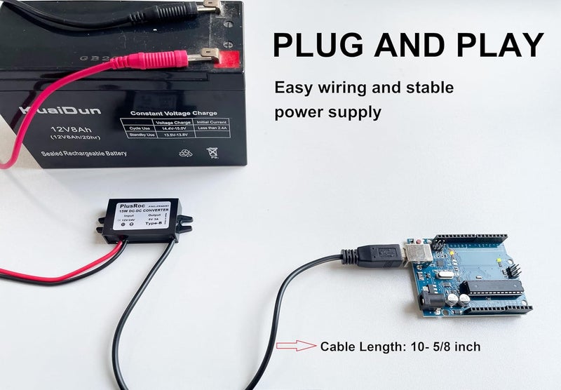 PlusRoc Waterproof 12V/24V to 5V 3A Converter DC-DC Step Down Module Power Adapter Compatible with Arduino Uno R3, Mega 2560 (USB Type-B Connector) - Image 3