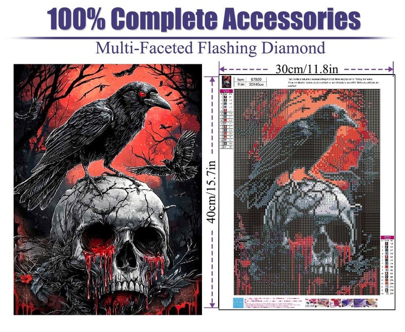 Mrnsiet Helloween Crow Diamond Painting Kits for Adults, 5D Skull with Blood Horror Diamond Art Kits for Beginners, DIY Full Drill Diamond Kits Gem Arts Crafts for Home Wall Decor 12 x 16 Inch - Image 2