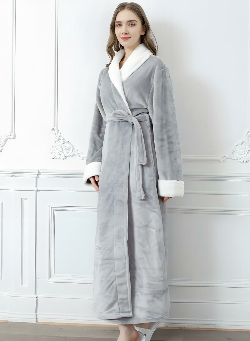 إسكدنيا جنس واحد الشتاء طويل سميكة فستان ليلي فلانيل رداء حمام بيجاما رمادي - Image 2