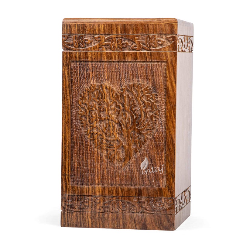 INTAJ Handmade Rosewood Urn for Human Ashes | Tree of Life Wooden Urns Hand-Crafted - Funeral Cremation Urn for Ashes (Heart Tree  Adult 250 Cu/in) - Image 1