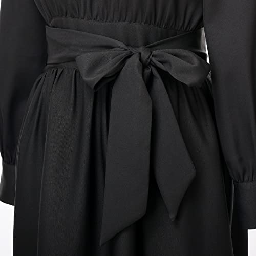 CAMDOM Church Clergy Dress for Women Long Sleeve A Line Elegant Maxi Dress with Tab Insert Stand Collar and Belt Black - Image 5