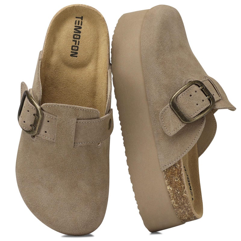 TEMOFON Genuine Suede Clogs for Women: Comfortable Leather Platform Mules & Clogs for Women Footwear - Cork Footbed Closed Toe Sandals Potato Shoes Khaki Size 9 - Image 1