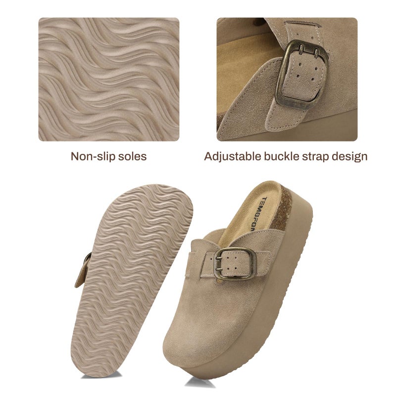 TEMOFON Genuine Suede Clogs for Women: Comfortable Leather Platform Mules & Clogs for Women Footwear - Cork Footbed Closed Toe Sandals Potato Shoes Khaki Size 9 - Image 5