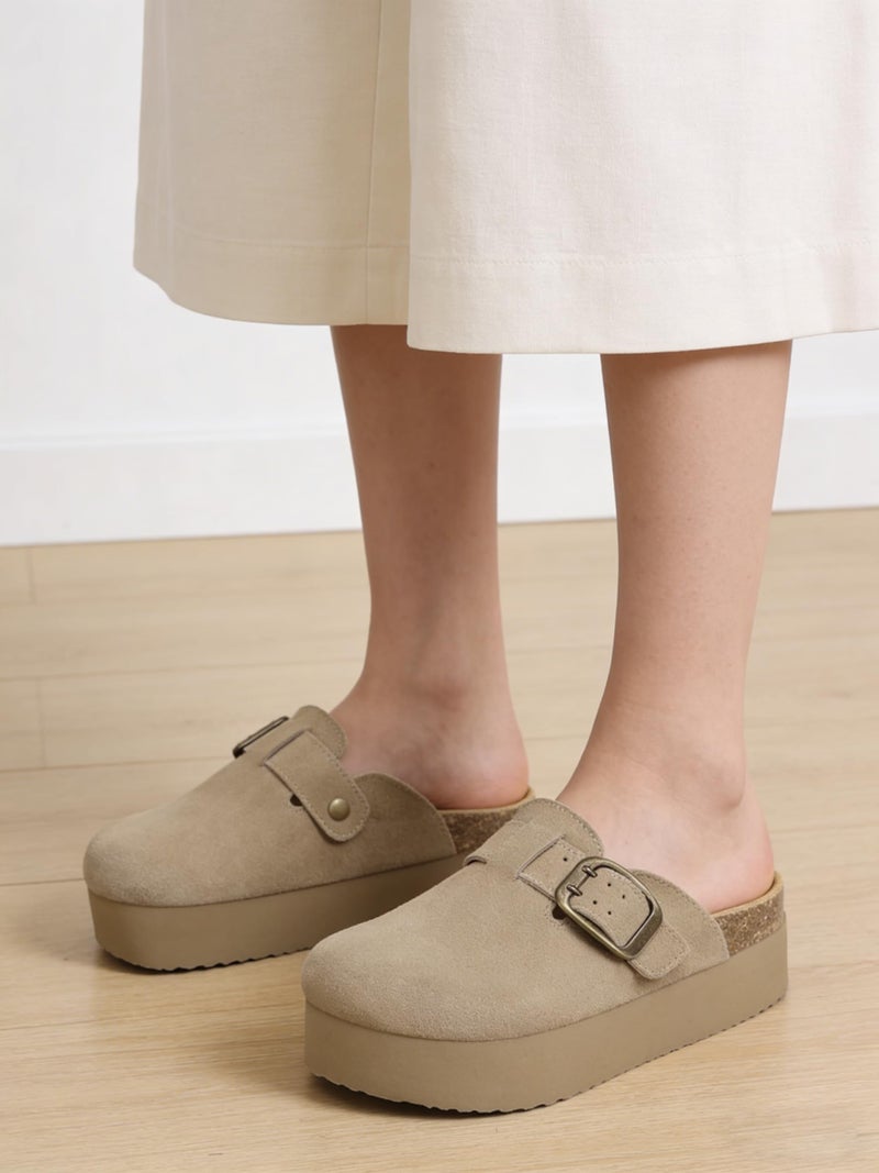 TEMOFON Genuine Suede Clogs for Women: Comfortable Leather Platform Mules & Clogs for Women Footwear - Cork Footbed Closed Toe Sandals Potato Shoes Khaki Size 9 - Image 2