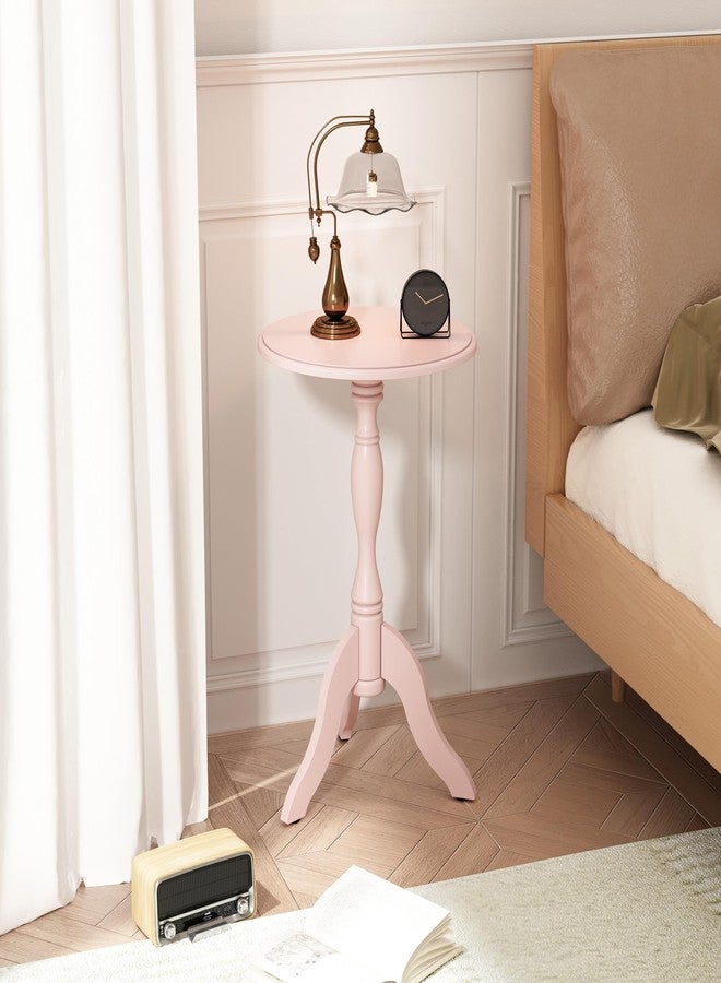 HLR Round Small End Table, Wooden Pedestal Side Coffee Tables, Vintage Accent Nightstand for Living Room, Bedroom, Entryway (1, Pink) - Image 3