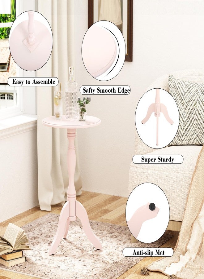 HLR Round Small End Table, Wooden Pedestal Side Coffee Tables, Vintage Accent Nightstand for Living Room, Bedroom, Entryway (1, Pink) - Image 4