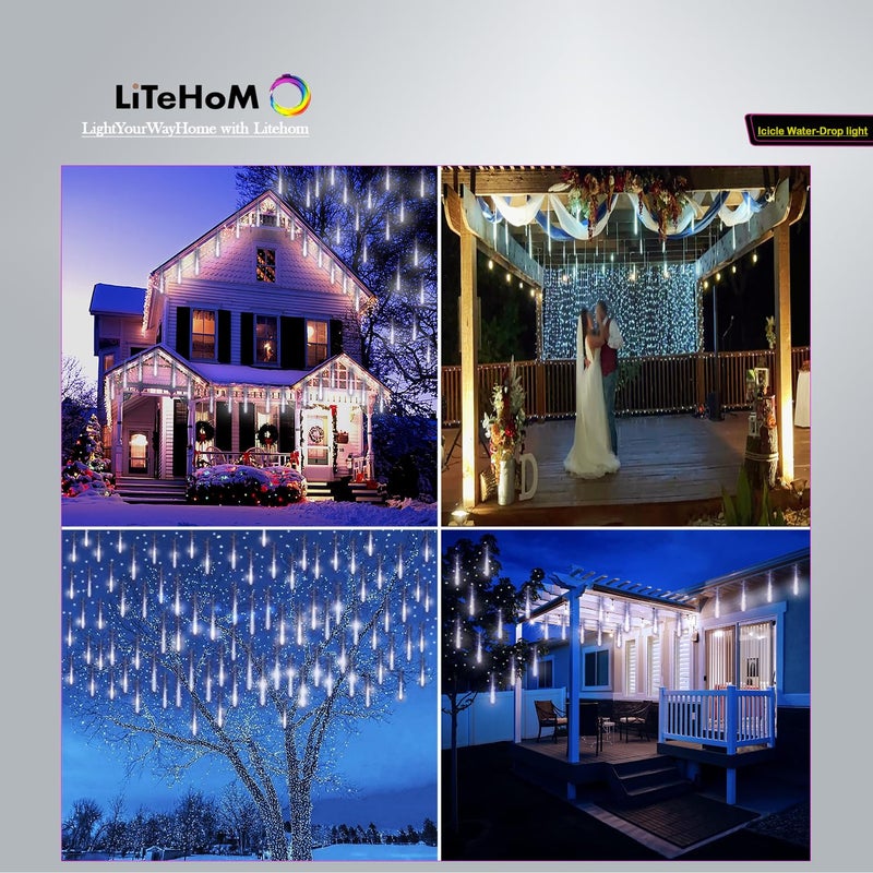 Litehom Litehom Rain Drop Lights LED Meteor Shower Lights 118 inch 8 Tubes 192leds Icicle Falling Lights for Diwali Lights for Decoration for Home Xmas Tree Christmas Decoration Outdoor Cool White  - Image 5