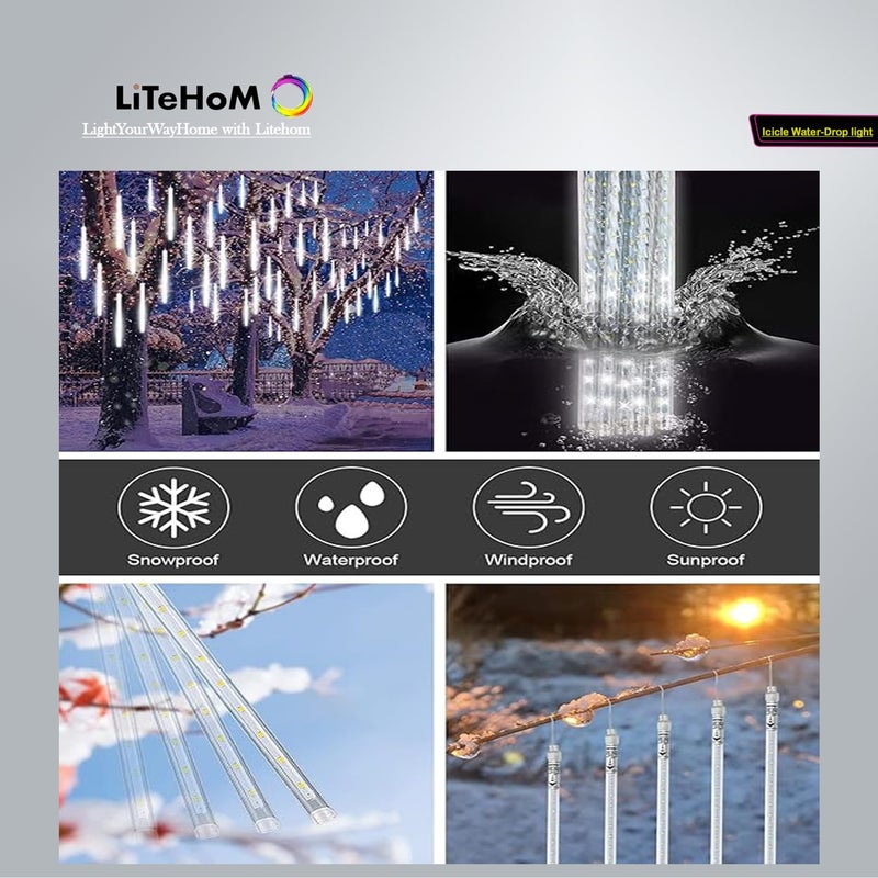 Litehom Litehom Rain Drop Lights LED Meteor Shower Lights 118 inch 8 Tubes 192leds Icicle Falling Lights for Diwali Lights for Decoration for Home Xmas Tree Christmas Decoration Outdoor Cool White  - Image 4