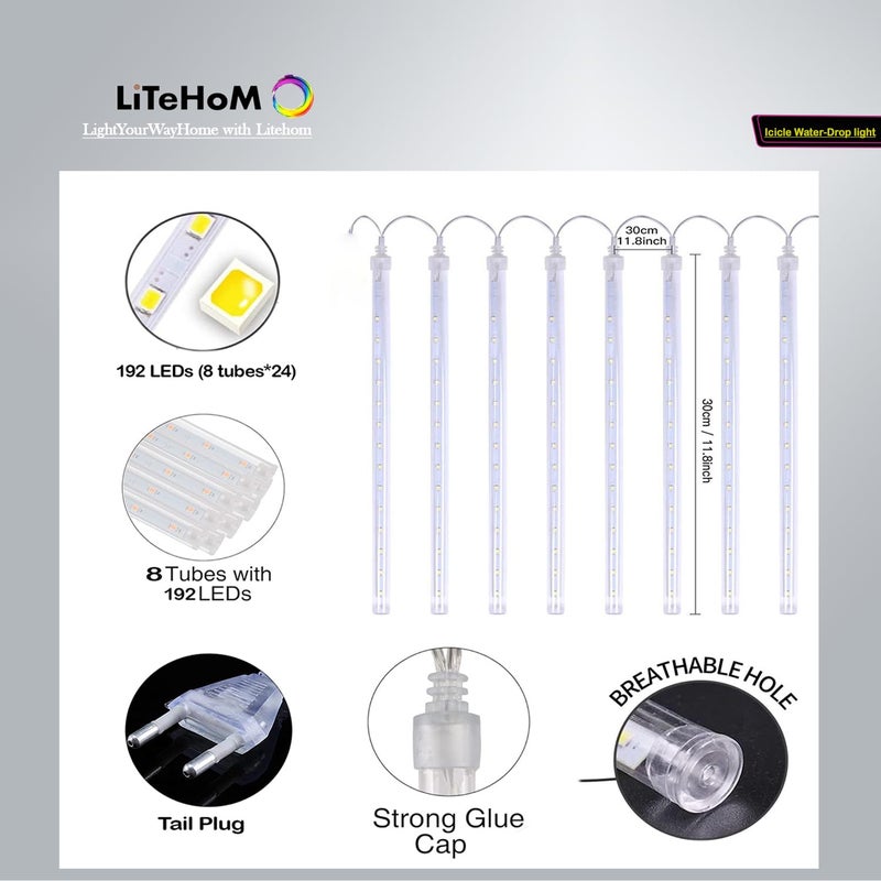 Litehom Litehom Rain Drop Lights LED Meteor Shower Lights 118 inch 8 Tubes 192leds Icicle Falling Lights for Diwali Lights for Decoration for Home Xmas Tree Christmas Decoration Outdoor Cool White  - Image 2