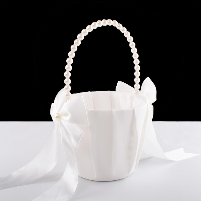 STAFUNI Flower Girl Basket for Weddings,Ivory Flower Girl Basket With Pearl Handle, Wedding Baskets for Flower Girls - Image 3