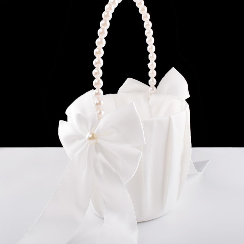 STAFUNI Flower Girl Basket for Weddings,Ivory Flower Girl Basket With Pearl Handle, Wedding Baskets for Flower Girls - Image 1