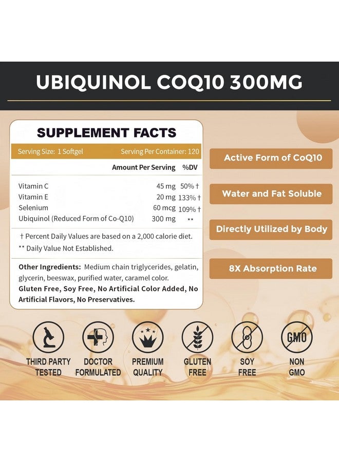 ZEBORA Ubiquinol CoQ10 300mg Softgels, 4-in-1 Powerful Antioxidant for Heart and Vascular Health, Essential for Energy Production, Max Absorption Active Form of CoQ10, 120 Softgels - Image 2