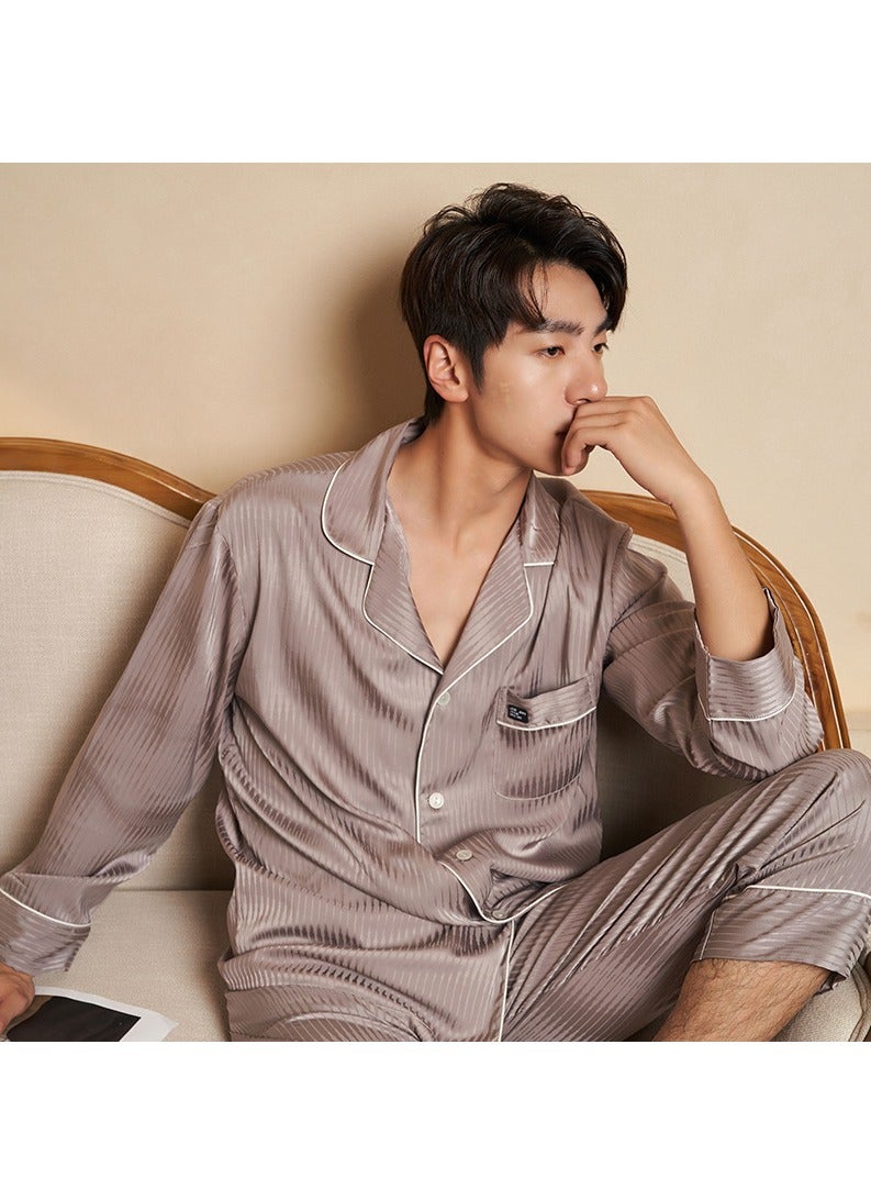إسكدنيا Men's Solid Color 2-Piece Set Loose Nightgown Sleepwear Long Sleeve Lapel Top And Pants Soft Loungewear Wear Pajamas Suit Brown 