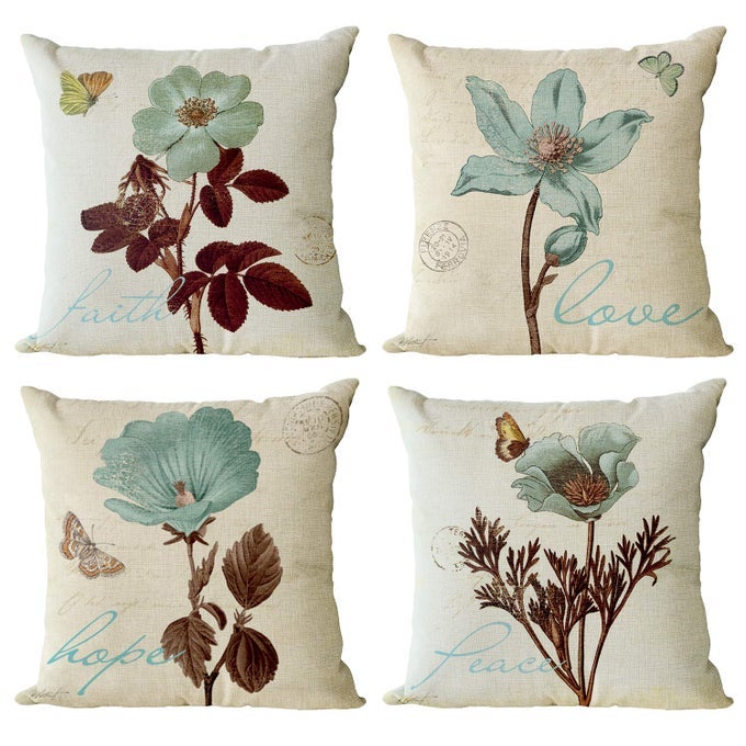 SET OF 4 FLORAL DECORATIVE THROW PILLOW COVERS PLANT PILLOW COVERS COTTON LINEN LOTUS LEAF SQUARE PILLOWCASE FLOWER OUTDOOR SOFA BEDDING CAR AND HOME DECOR PILLOW CUSHION COVERS 18X18 INCH