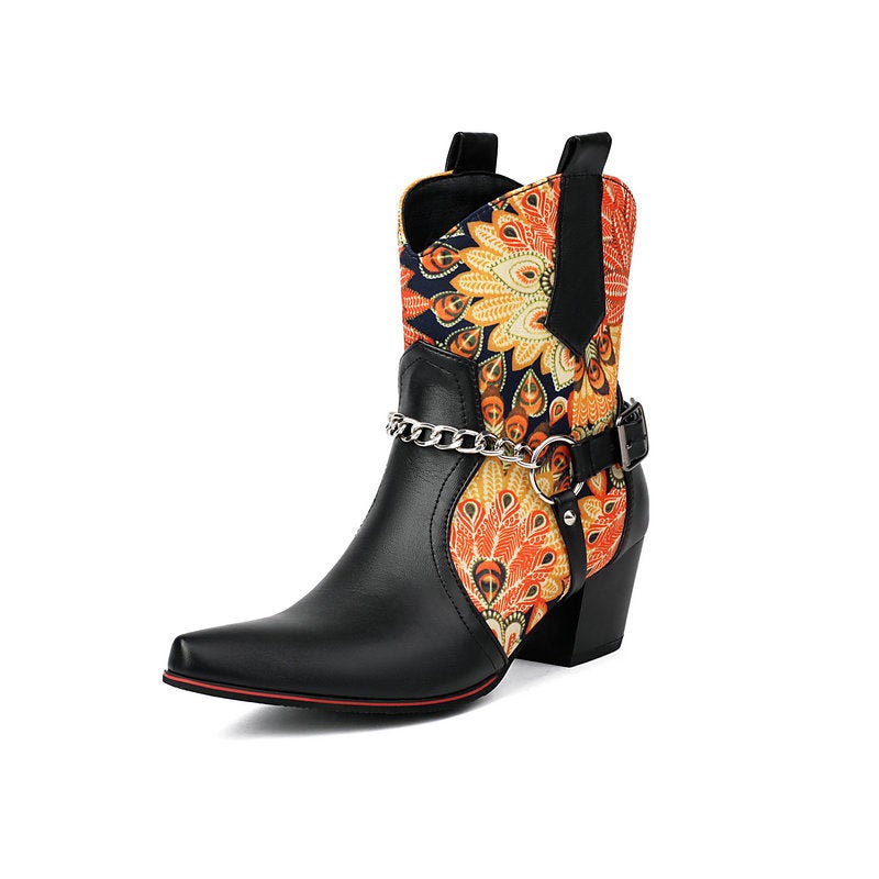 2024 Western Boots Printed Stitching Chain Belt Buckle 40-48 Coarse Heel High Heel Back Zipper And Ankle Boots Short Tube - Image 1
