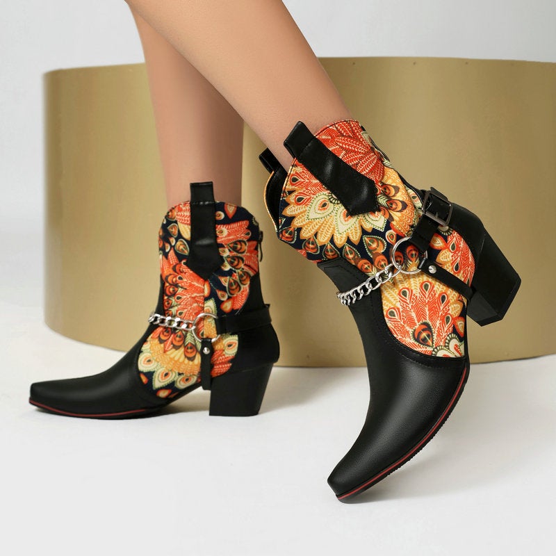 2024 Western Boots Printed Stitching Chain Belt Buckle 40-48 Coarse Heel High Heel Back Zipper And Ankle Boots Short Tube - Image 4