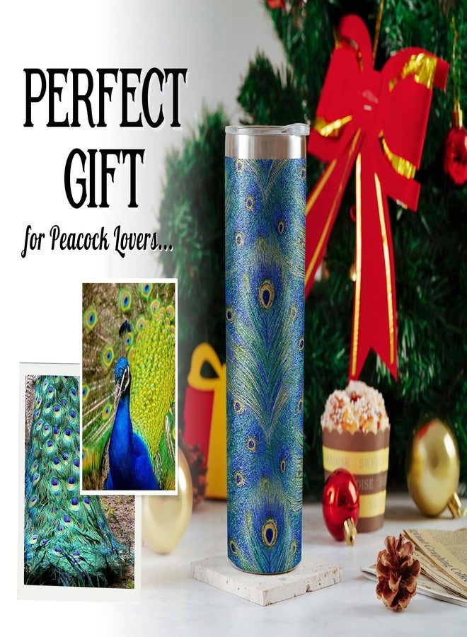 وان بتل كوب Onebttl Peacock Skinny Glitter - هدايا للنساء - بتصميم ريشة الطاووس - كوب معزول من الفولاذ المقاوم للصدأ بسعة 590 مل/20 أونصة مع شفاطة وغطاء - Image 3