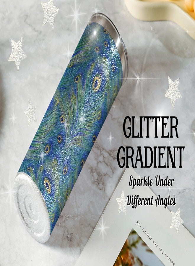 وان بتل كوب Onebttl Peacock Skinny Glitter - هدايا للنساء - بتصميم ريشة الطاووس - كوب معزول من الفولاذ المقاوم للصدأ بسعة 590 مل/20 أونصة مع شفاطة وغطاء - Image 4