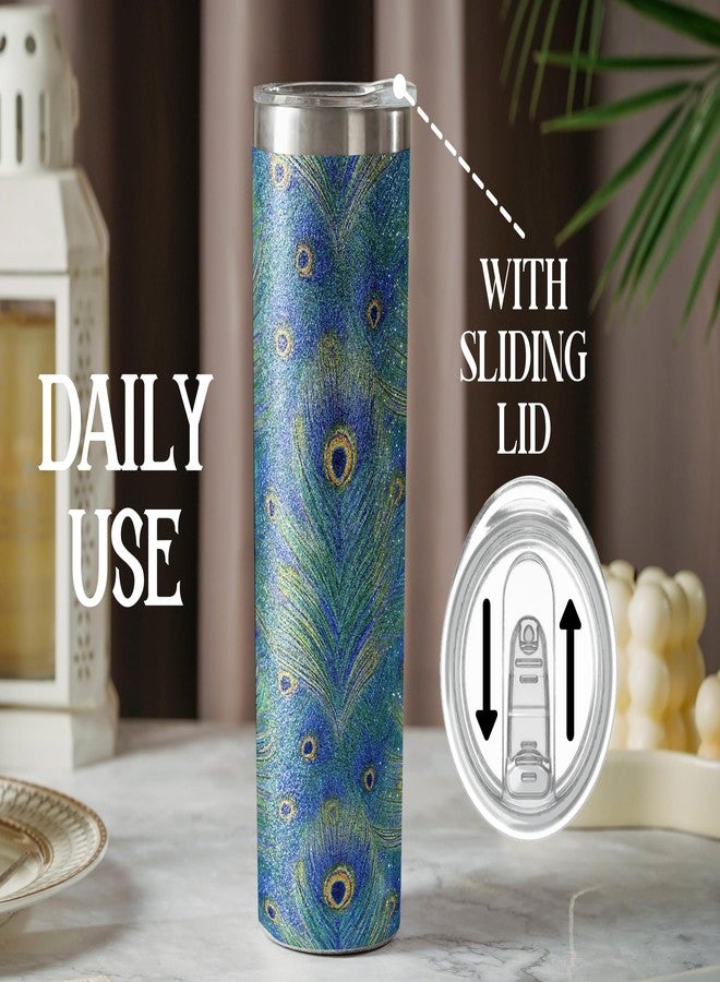 وان بتل كوب Onebttl Peacock Skinny Glitter - هدايا للنساء - بتصميم ريشة الطاووس - كوب معزول من الفولاذ المقاوم للصدأ بسعة 590 مل/20 أونصة مع شفاطة وغطاء - Image 5