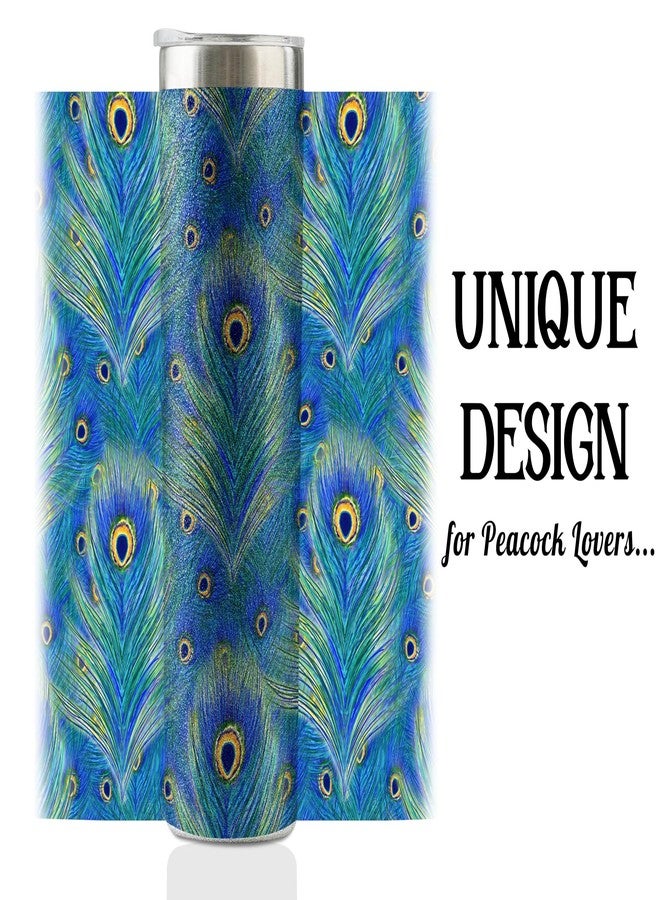 وان بتل كوب Onebttl Peacock Skinny Glitter - هدايا للنساء - بتصميم ريشة الطاووس - كوب معزول من الفولاذ المقاوم للصدأ بسعة 590 مل/20 أونصة مع شفاطة وغطاء - Image 2