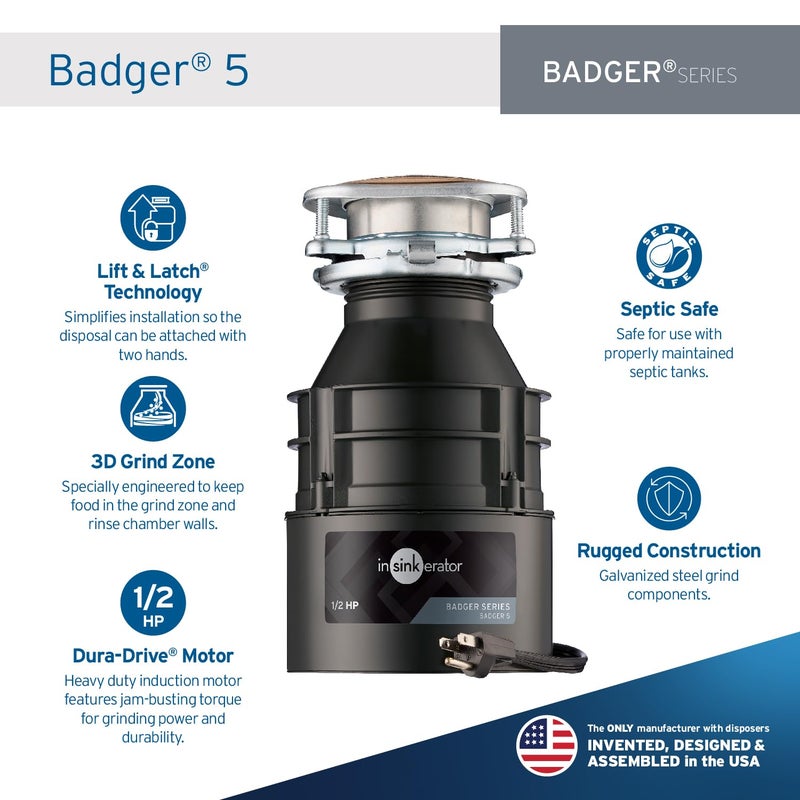 InSinkErator Badger 5 Garbage Disposal with Power Cord, Standard Series 1/2 HP Continuous Feed Food Waste Disposer, Badger 5 W/C, No Size, Black/Gray - Image 2