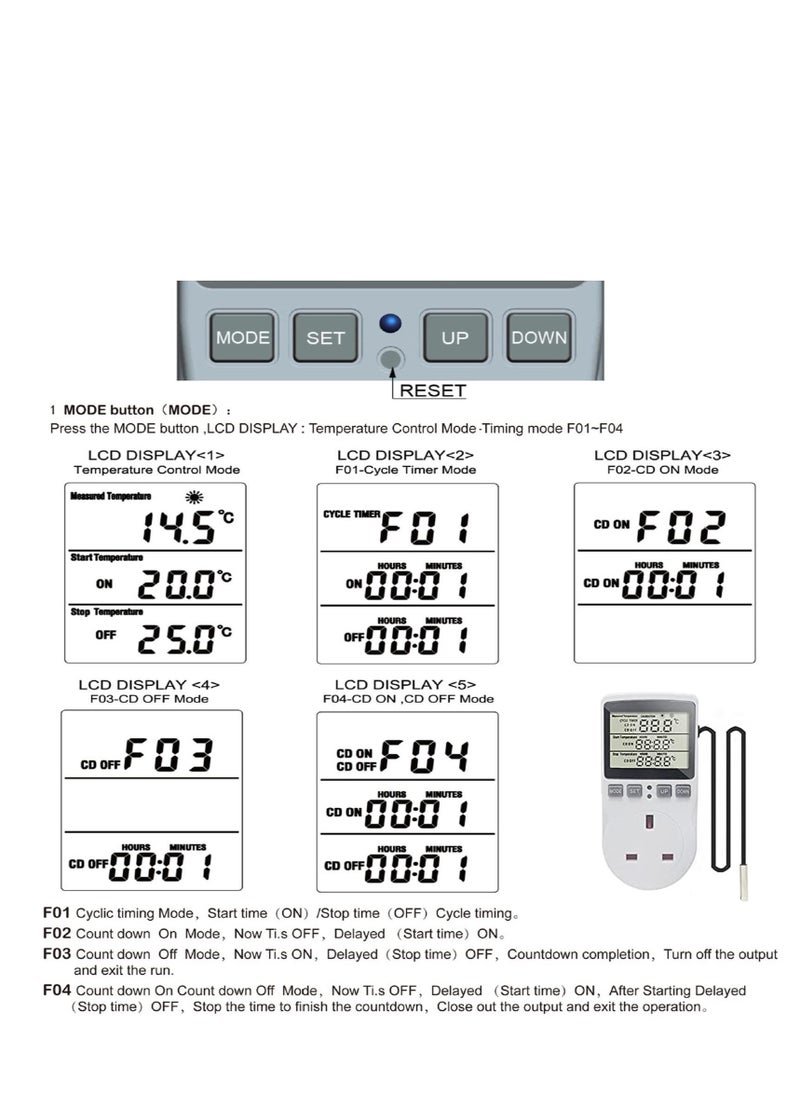 SYOSI - SYOSI Digital Thermostat Temperature Controller Socket Outlet 230V 16A Timer Switch Plug with 1.7m Sensor Heating Refrigerator Thermostat Regulator for Greenhouse Reptile Terrarium Home - Image 1