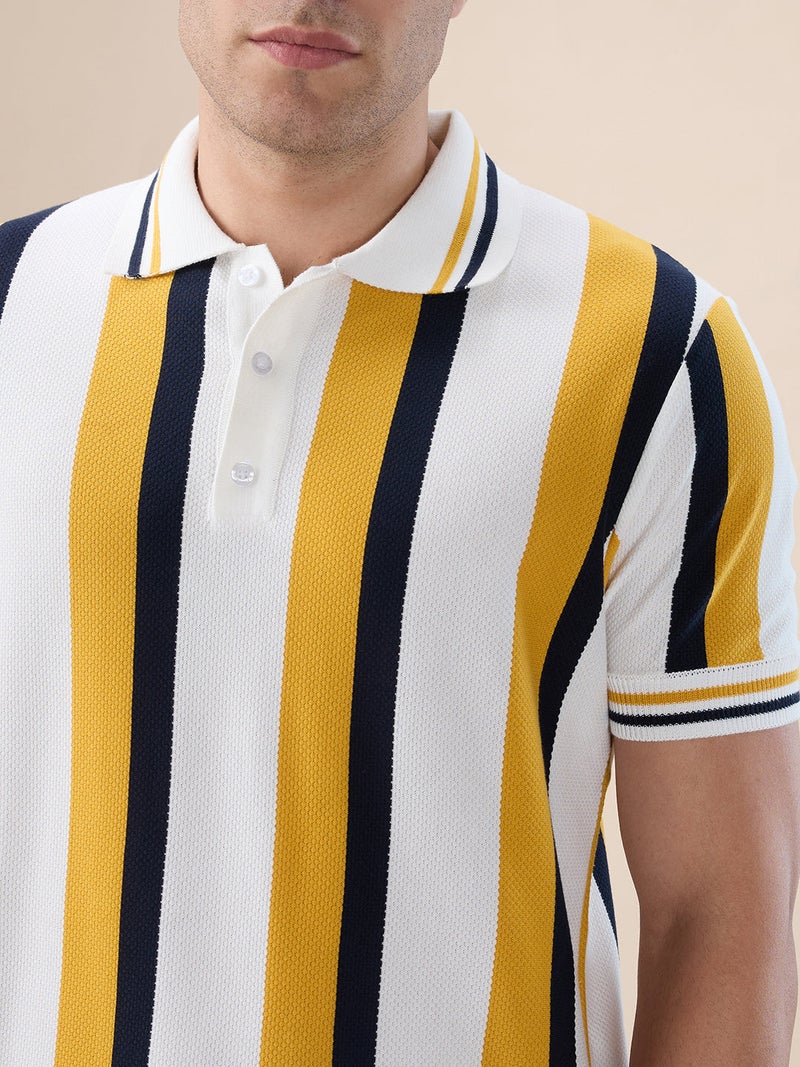 STATUS QUO Vertical Stripe Knitted Regular Fit Sunflower Polo T-shirt - Image 4